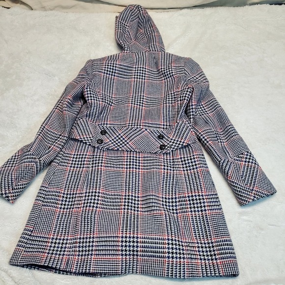 Tommy Hilfiger Black White Houndstooth Hood Long Coat Women 4 Classic Wool Cozy - Picture 5 of 9